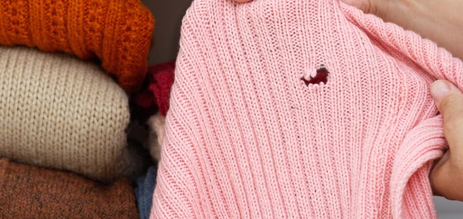 Cropped,woman,hands,holding,woolen,knitted,cloth,with,hole,eaten